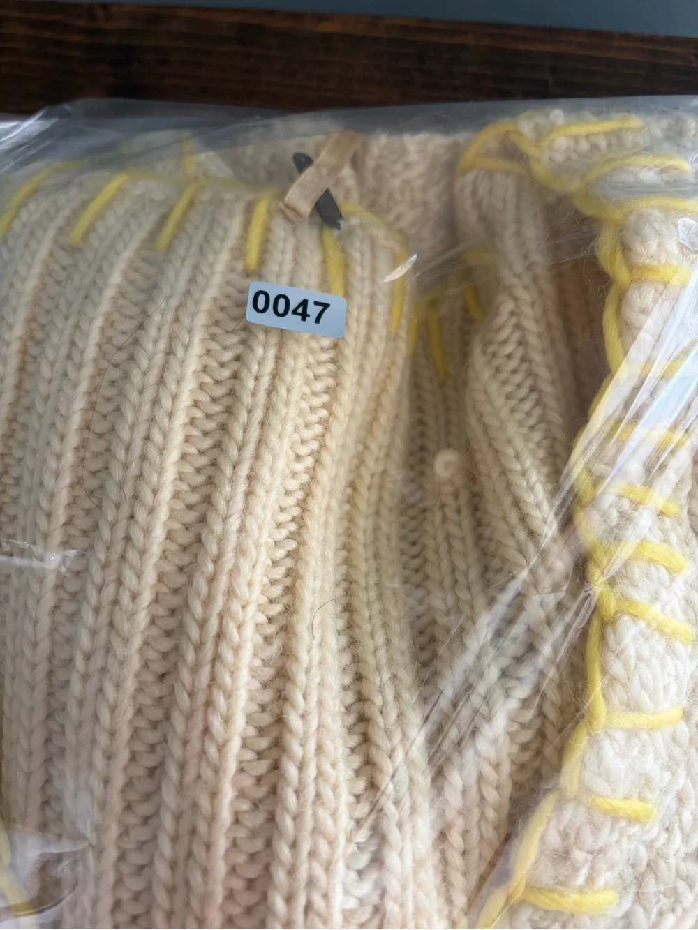 Free People Cream Knit V-Neck Button Cardigan with Yellow Trim Size Small